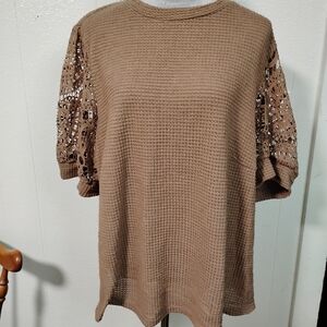 Brown Shein 4x Crochet Doiley Sleeve Short Sleeve Grandmacore Whimsy Coquette